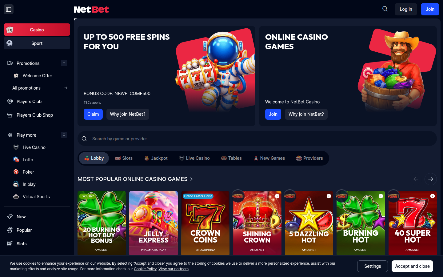NetBet Casino Ireland — dedicated Irish platform homepage